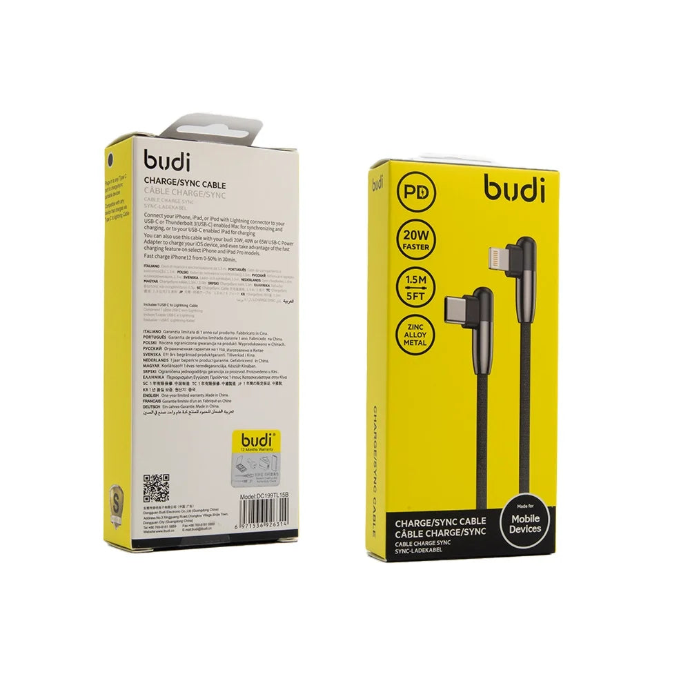 Budi 20W Type C to Lightning L-Shaped Fast Charging Sync Cable 1.5M